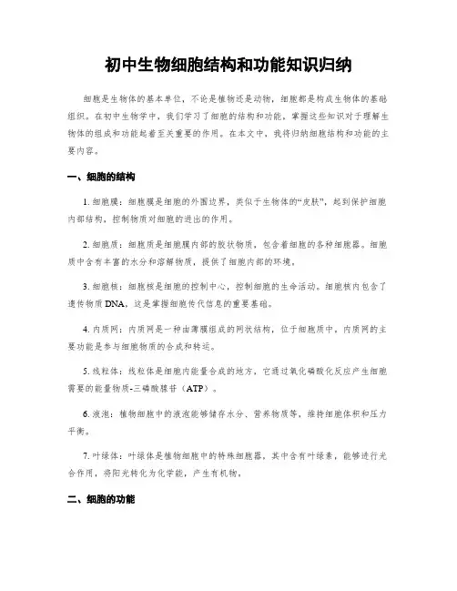 初中生物细胞结构和功能知识归纳