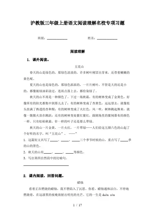 沪教版三年级上册语文阅读理解名校专项习题