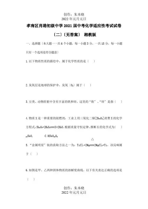 中考化学适应性考试试卷二试题