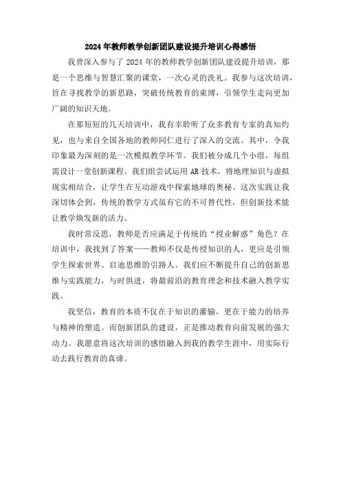 2024年教师教学创新团队建设提升培训心得感悟