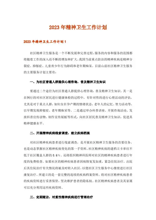 2023年精神卫生工作计划