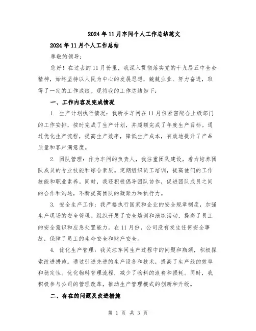 2024年11月车间个人工作总结范文
