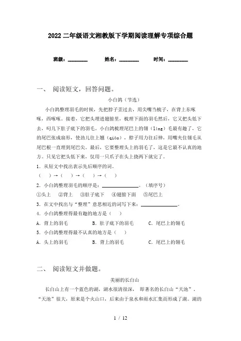 2022二年级语文湘教版下学期阅读理解专项综合题