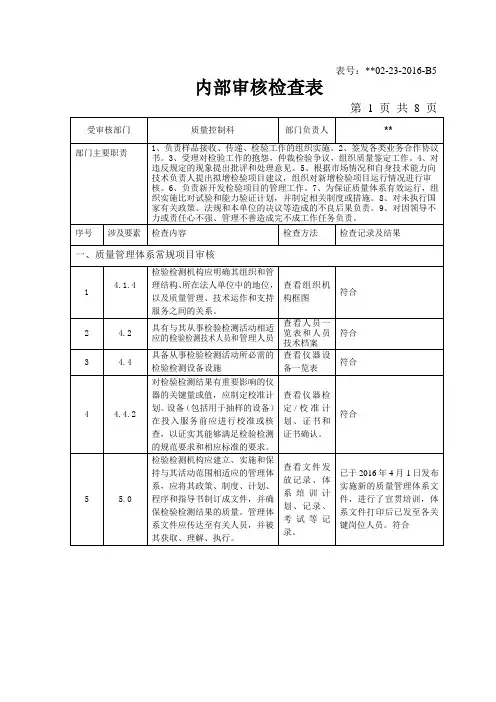 2016版5 内部审核检查表(质量控制科)