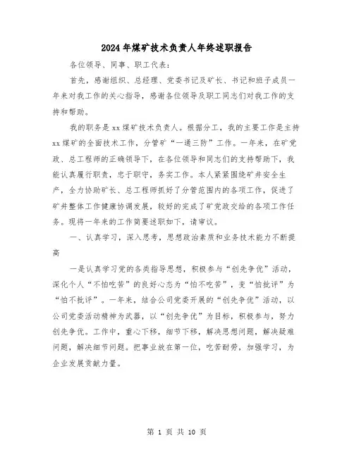 2024年煤矿技术负责人年终述职报告（三篇）