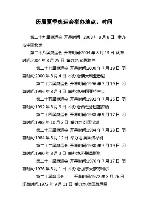 历届夏季奥运会举办地点、时间