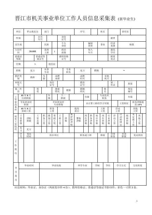 晋江市机关事业单位工作人员信息采集表(毕业生)