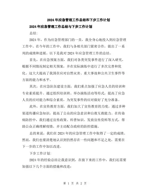 2024年应急管理工作总结和下步工作计划