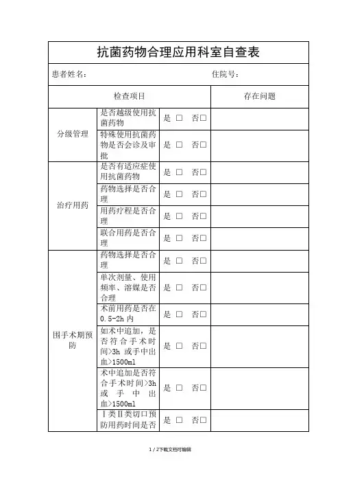 抗菌药物合理应用科室自查表