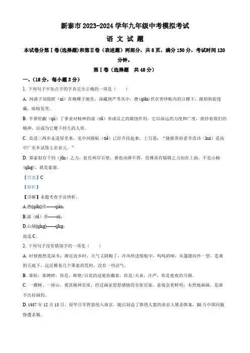 2024年山东省泰安市新泰市中考三模语文试题 (解析版)
