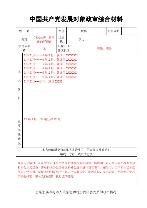 综合政审材料表