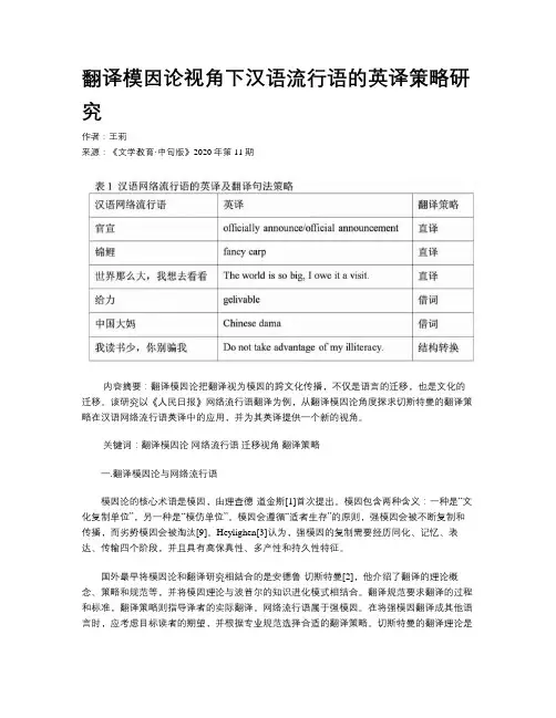 翻译模因论视角下汉语流行语的英译策略研究
