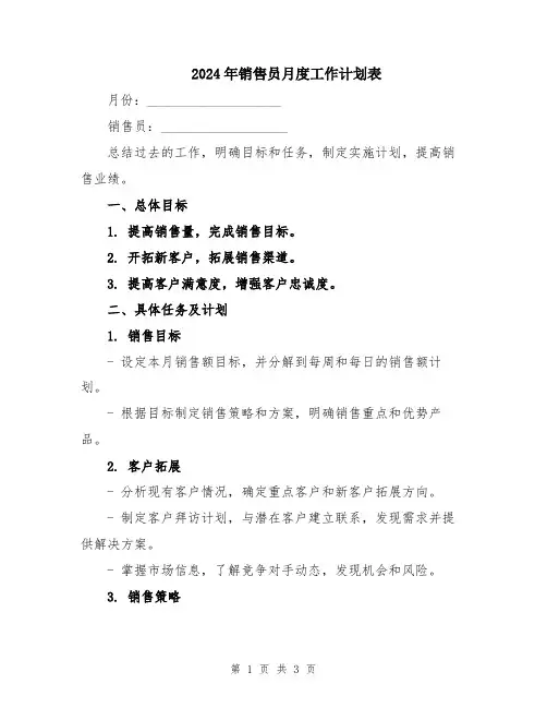2024年销售员月度工作计划表