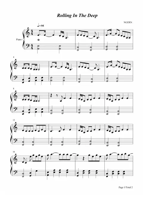 钢琴谱 Rolling In The Deep-C调简单版 五线谱_共2张(全)