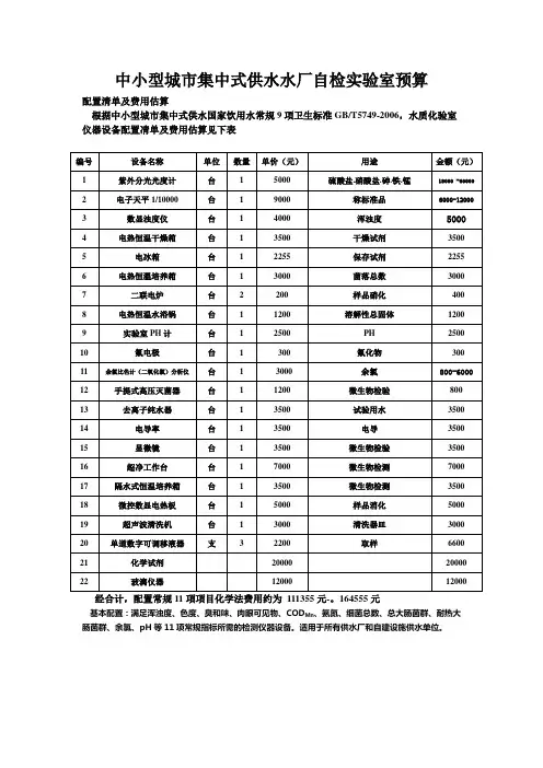 小型集中式供水水厂自检实验室预算