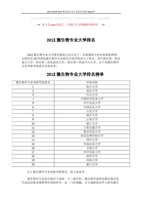 2018-2019-201X微生物专业大学排名-推荐word版 (2页)
