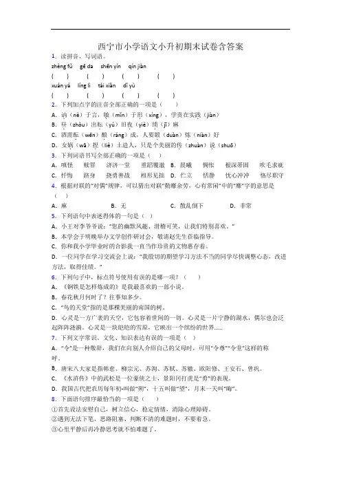 西宁市小学语文小升初期末试卷含答案