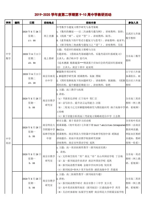 2019-2020学年度第二学期第9-10周中学教研活动参加人员