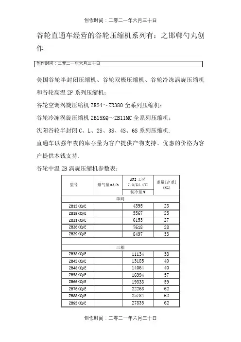 谷轮压缩机参数表