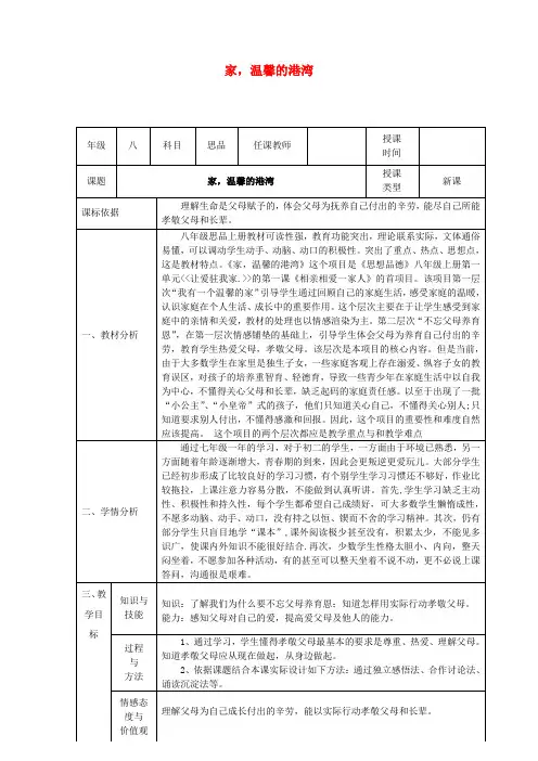 八年级政治上册第一单元让爱驻我家第一课相亲相爱一家人第1框家温馨的港湾教案2