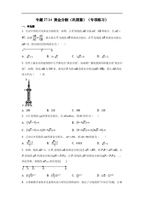 黄金分割(巩固篇)(专项练习)-2022-2023学年九年级数学下册基础知识专项讲练(人教版)