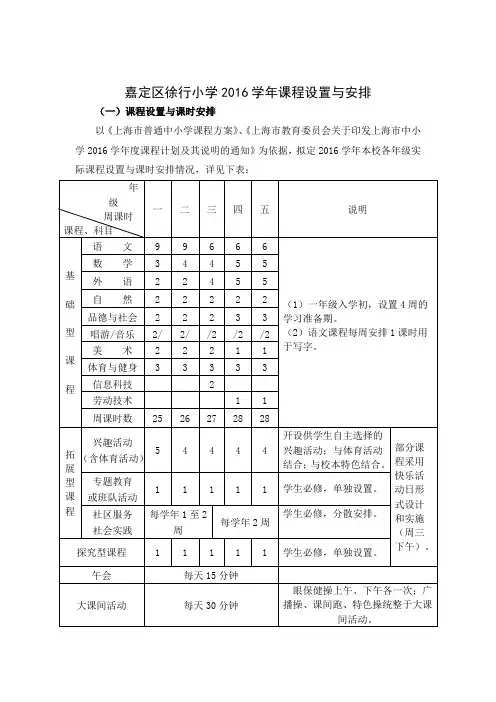 嘉定区徐行小学2016学年课程设置与安排