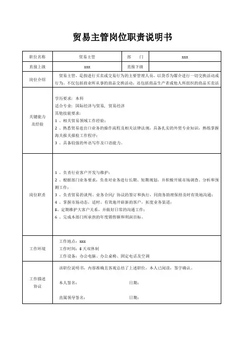 贸易主管岗位职责说明书[精美打印版本]