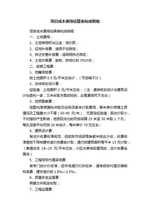 项目成本费用估算表构成明细
