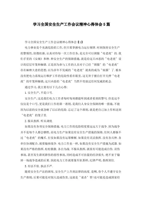 学习全国安全生产工作会议精神心得体会5篇