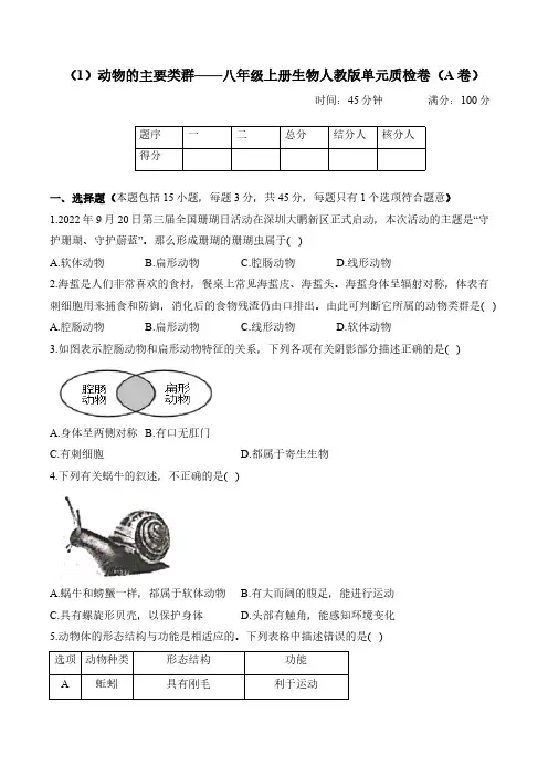 5.1动物的主要类群——八年级上册生物人教版单元质检卷(A卷)(含解析)
