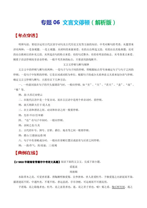 专题06 文言文停顿(解析版)-2023年中考语文考前抓大分技法之文言文阅读
