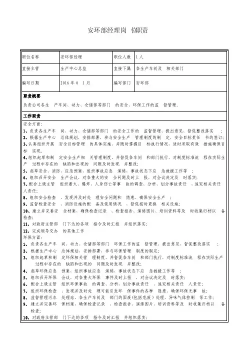 安环部经理岗位职责