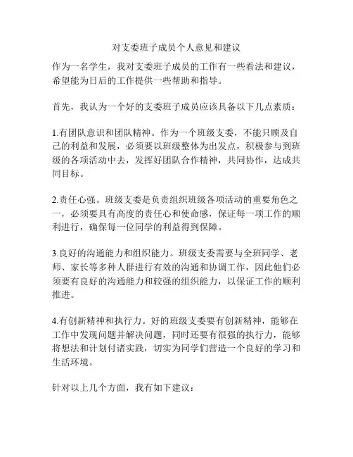对支委班子成员个人意见和建议
