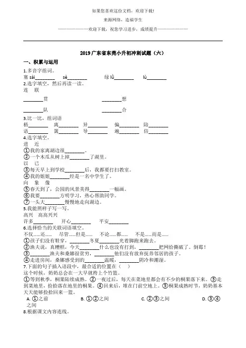 六年级下册语文试题 - 2019广东省东莞小升初冲刺试题(六) 人教新课标 含答案