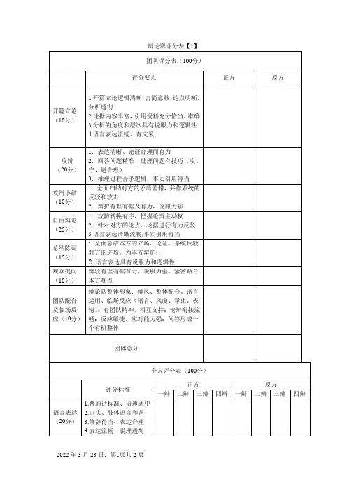 辩论赛评分表(完整版)
