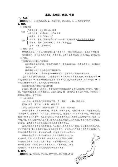 高中地理世界地理知识点总结 东亚,东南亚,南亚,中亚