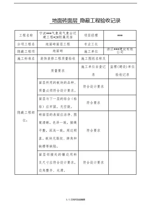 装饰装修隐蔽工程验收记录表(全套范例)