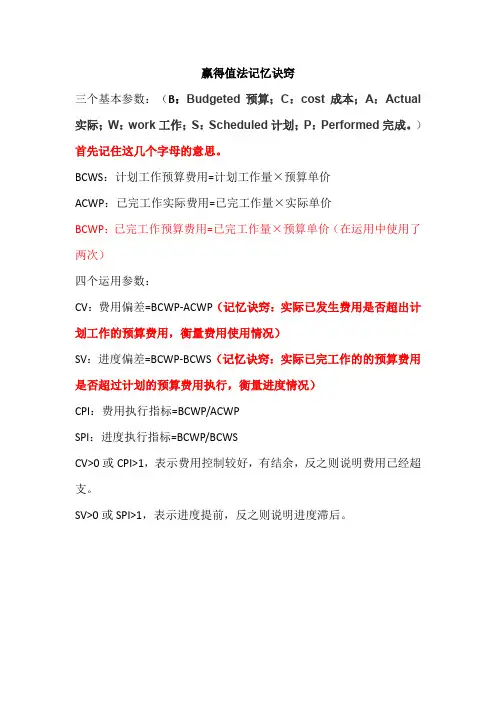 工程进度和费用管理赢得值法记忆诀窍