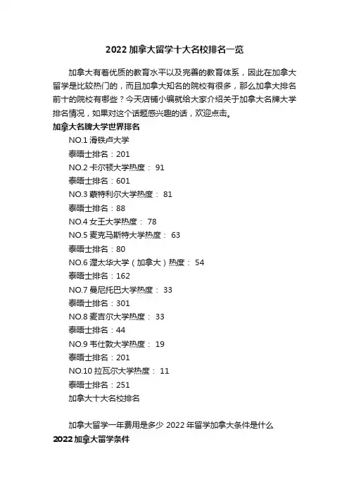2022加拿大留学十大名校排名一览