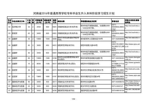 河南省2016年普通高等学校专科毕业生升入本科阶段学习招生计划