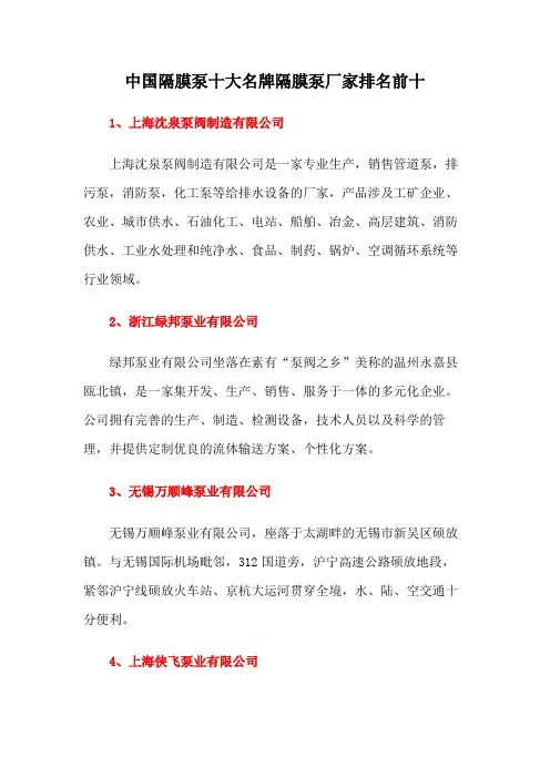 中国隔膜泵十大名牌隔膜泵厂家排名前十
