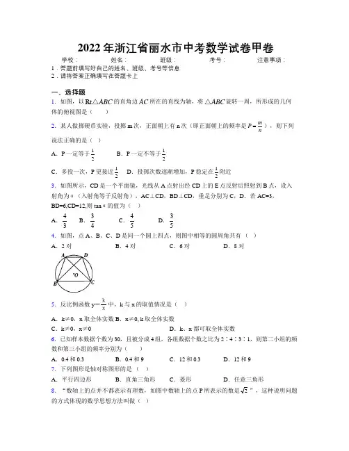 2022年浙江省丽水市中考数学试卷甲卷附解析