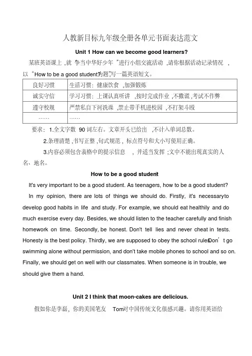 人教版新目标九年级英语各单元书面表达(全册-带范文)