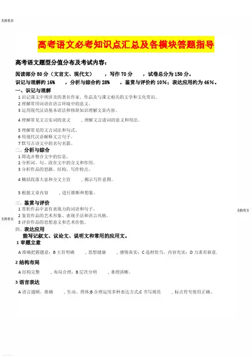 2020年高考模拟复习知识点试卷试题之高考语文必考知识点汇总及考点要求(精选篇)