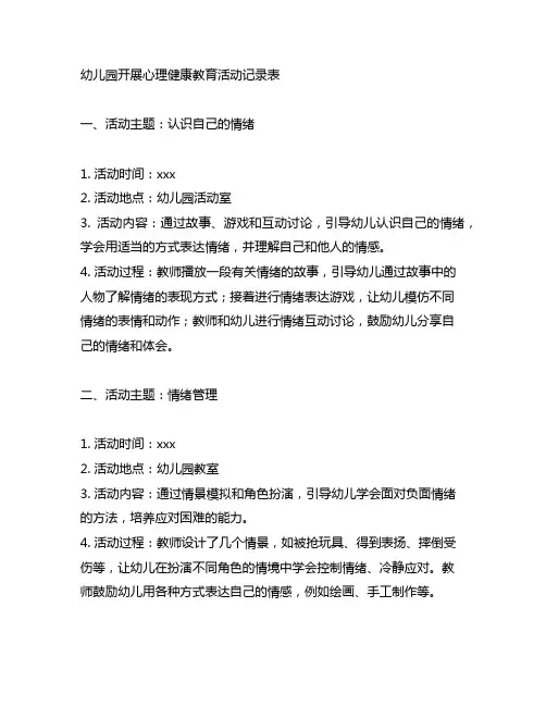 幼儿园开展心理健康教育活动记录表 心理健康