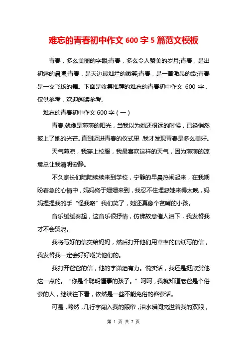 难忘的青春初中作文600字5篇范文模板