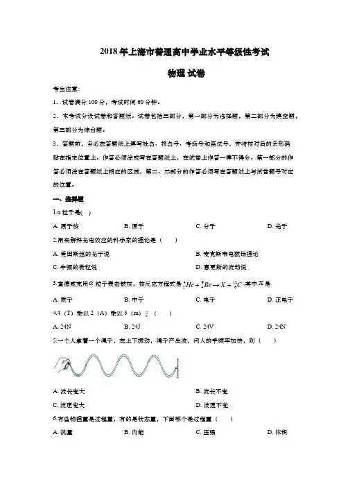 2018年上海市高考物理试题及答案