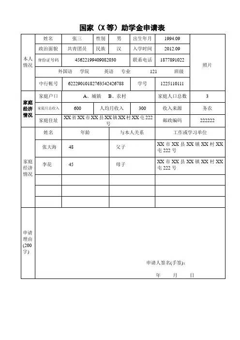国家助学金申请表 填写模版
