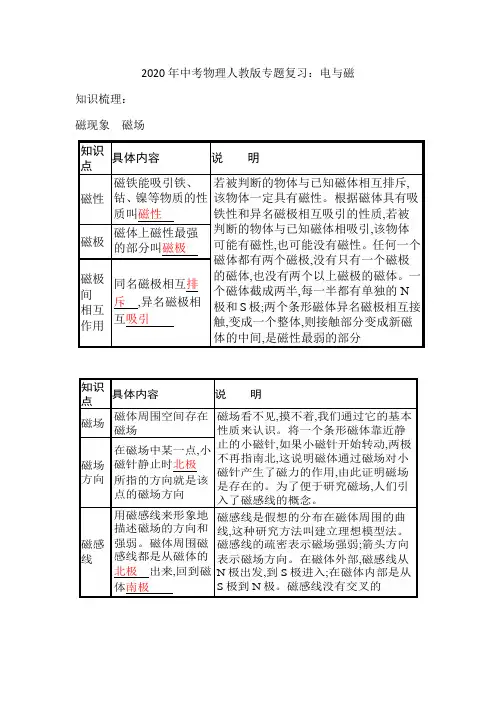 2020年中考物理人教版专题复习：电与磁