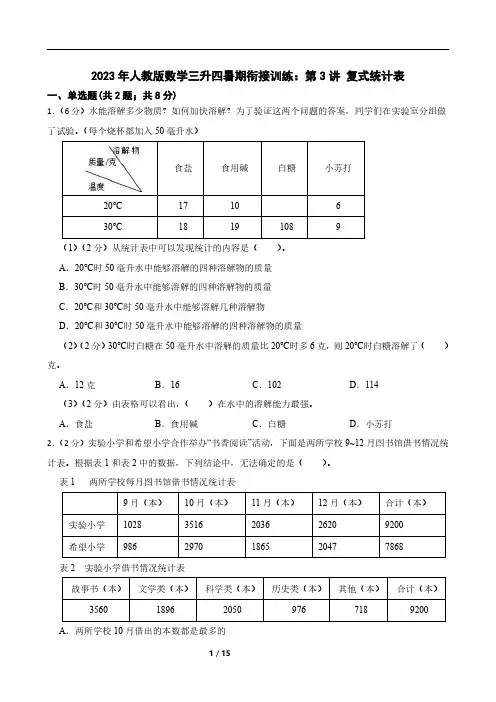 2023年人教版数学三升四暑期衔接训练：第3讲 复式统计表
